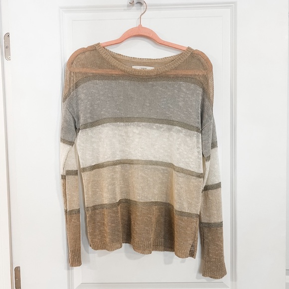 LOFT Neutral & Metallic Gold Striped Mesh Stitch Long Sleeve Sweater - Picture 1 of 4